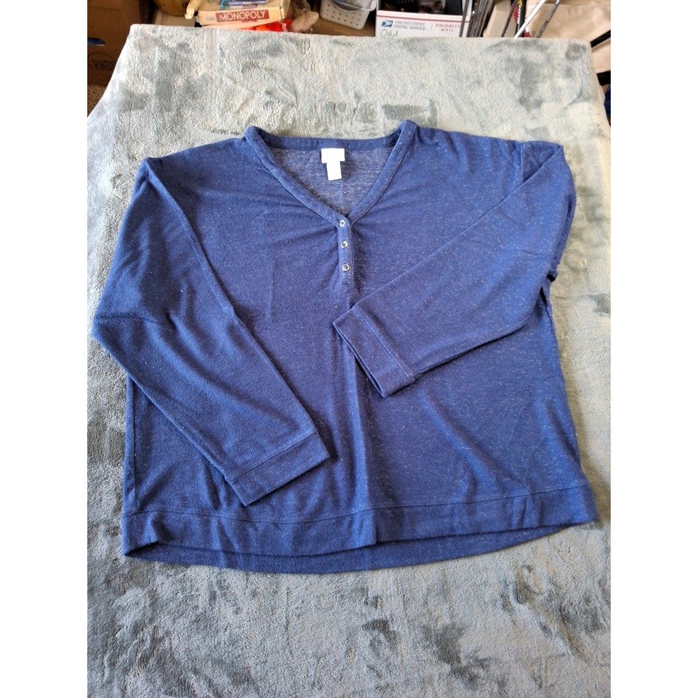 Weekends by Chicos Blue Marl Henley V-Neck Knit Top Womens‎ Size 3 Large XL
